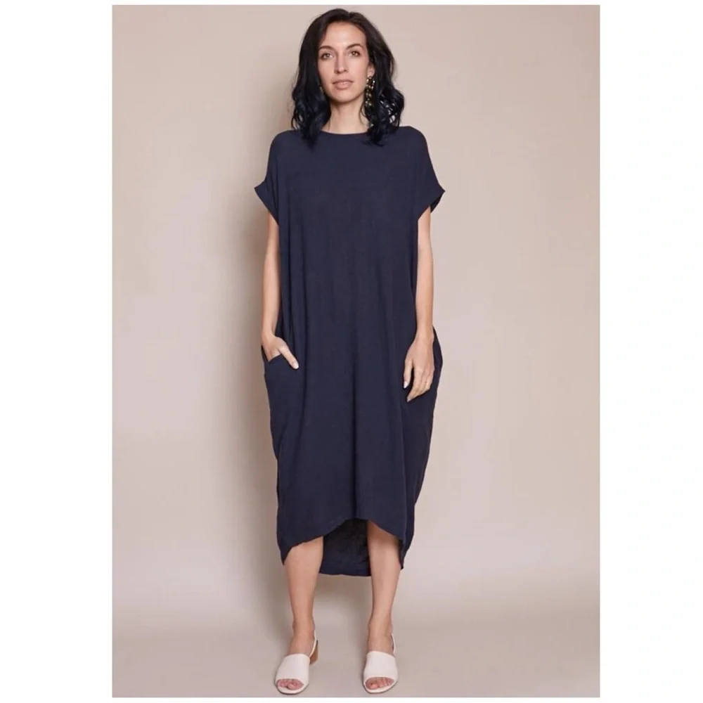 BLACK CRANE Pleated Cocoon Linen Dress, Navy, Medium